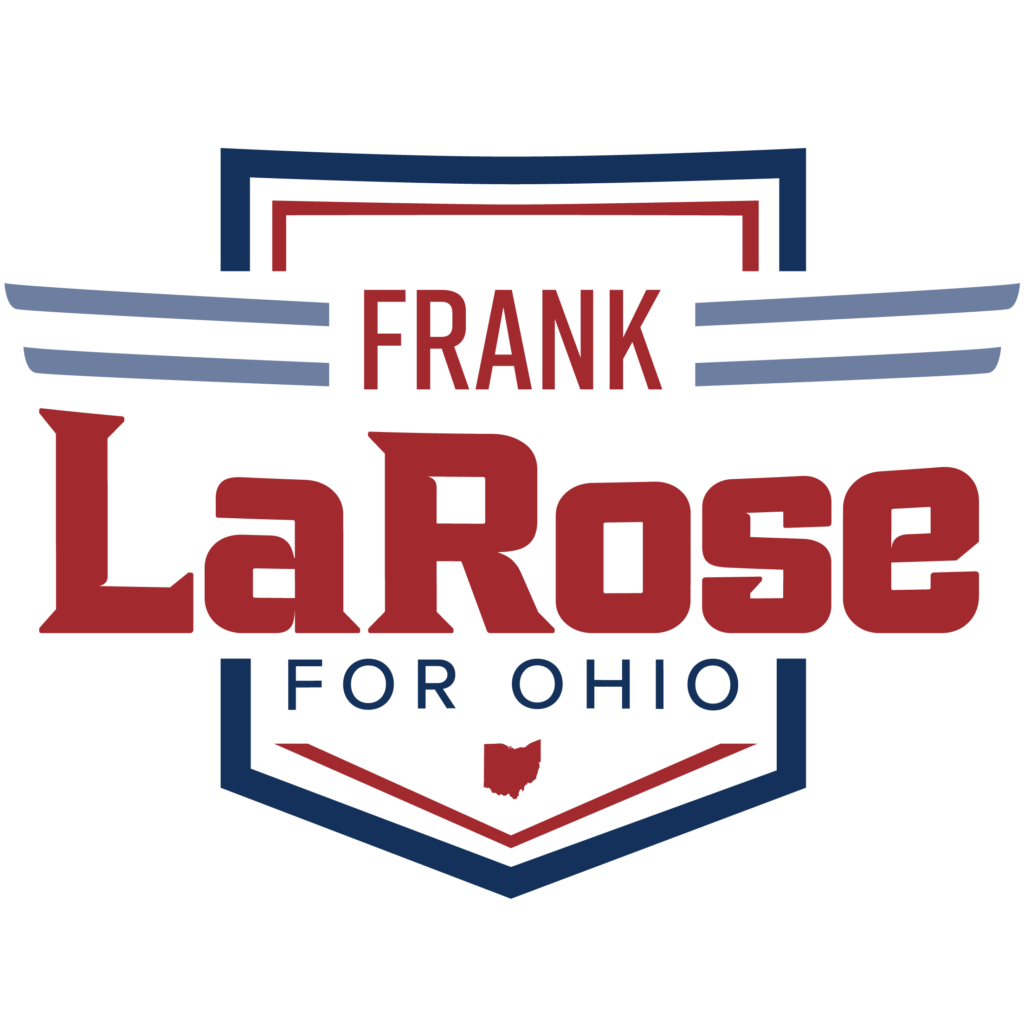 Campaign logo for Frank LaRose, candidate for Ohio Secretary of State, featuring a blue shield motif and red typography reading 'LaRose' with 'FOR OHIO' text below.