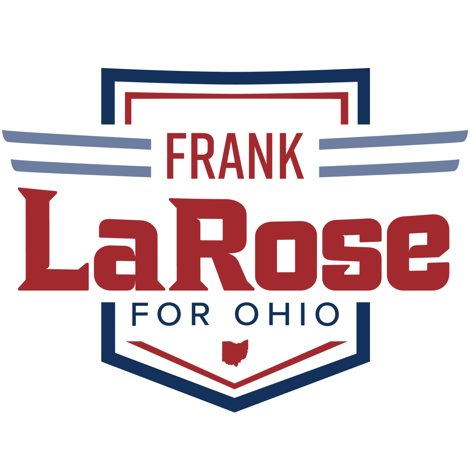 Campaign logo for Frank LaRose, candidate for Ohio Secretary of State, featuring a blue shield motif and red typography reading 'LaRose' with 'FOR OHIO' text below.