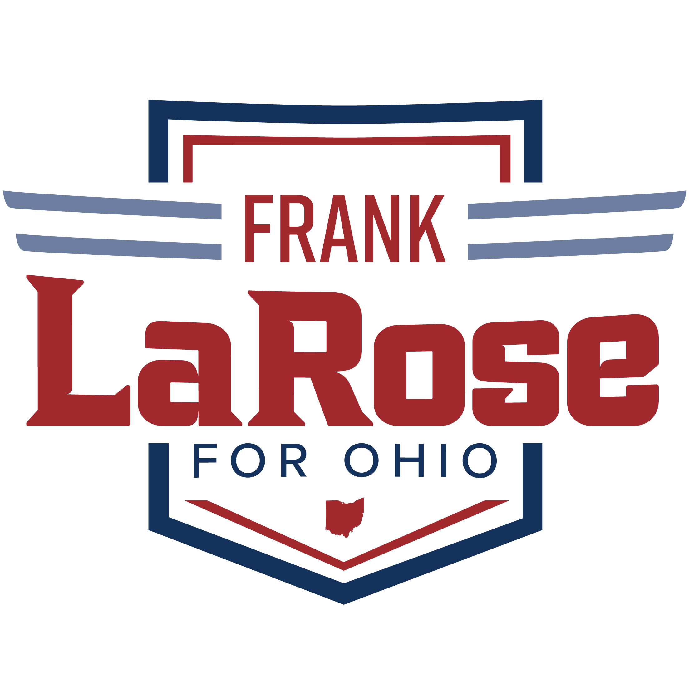 Campaign logo for Frank LaRose, candidate for Ohio Secretary of State, featuring a blue shield motif and red typography reading 'LaRose' with 'FOR OHIO' text below.